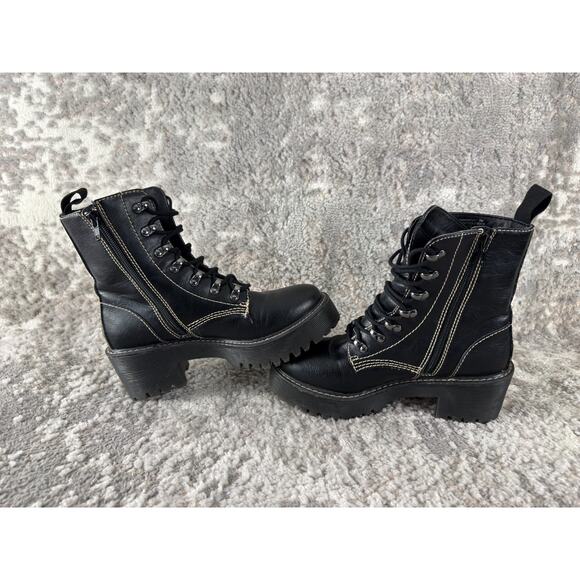 Madden Girl Size 7M Hawke Faux Leather Lace Up Combat Boots Black Block Walking - Picture 6 of 10